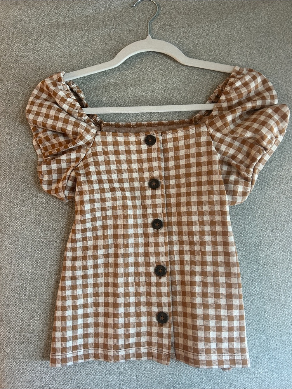 Madewell Brown and White Gingham Puff-Sleeve Top